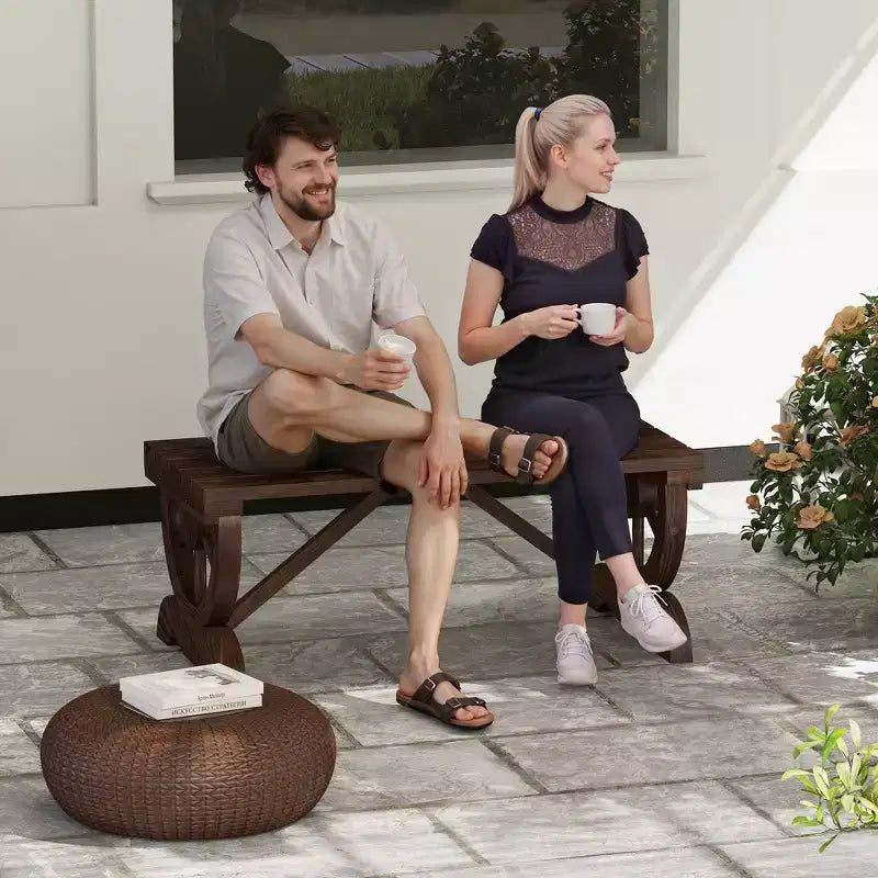 Banc de jardin extérieur rustique en bois à deux places avec roues de chariot, 250 kg, marron