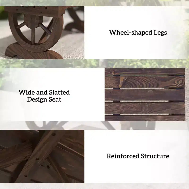Banc de jardin extérieur rustique en bois à deux places avec roues de chariot, 250 kg, marron