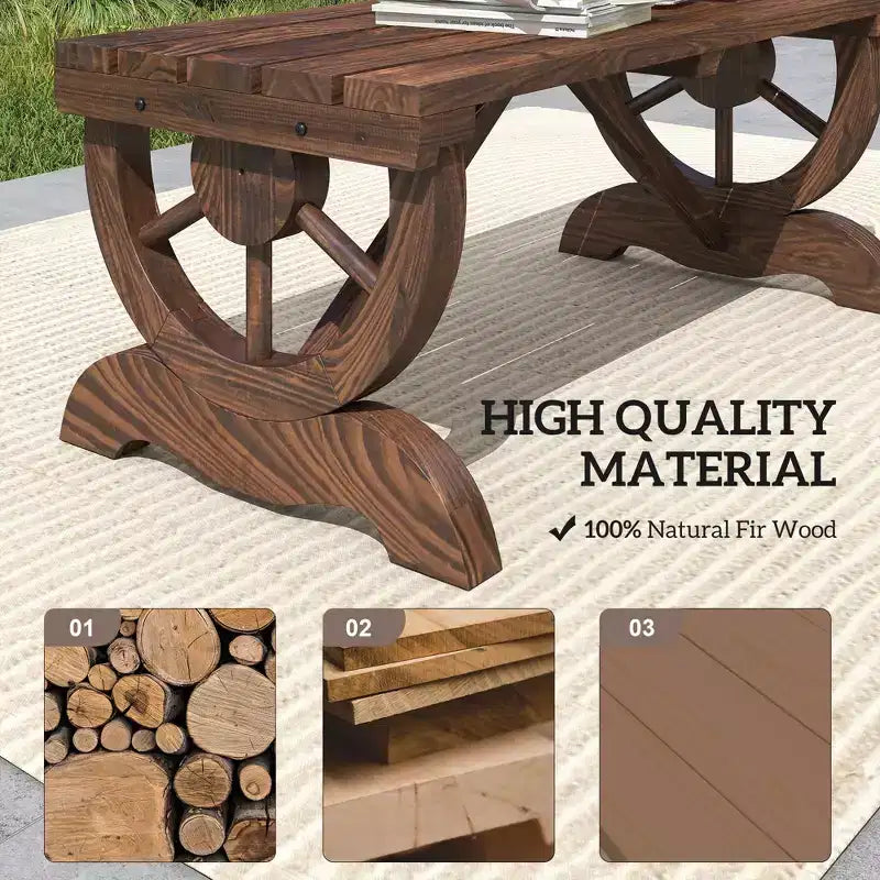 Banc de jardin extérieur rustique en bois à deux places avec roues de chariot, 250 kg, marron
