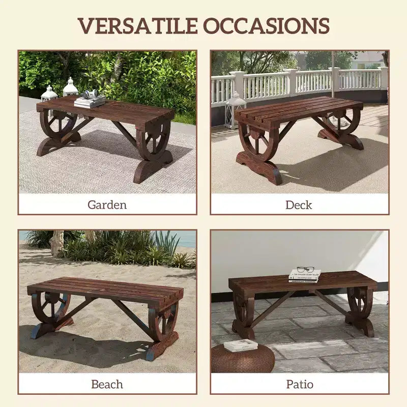 Banc de jardin extérieur rustique en bois à deux places avec roues de chariot, 250 kg, marron