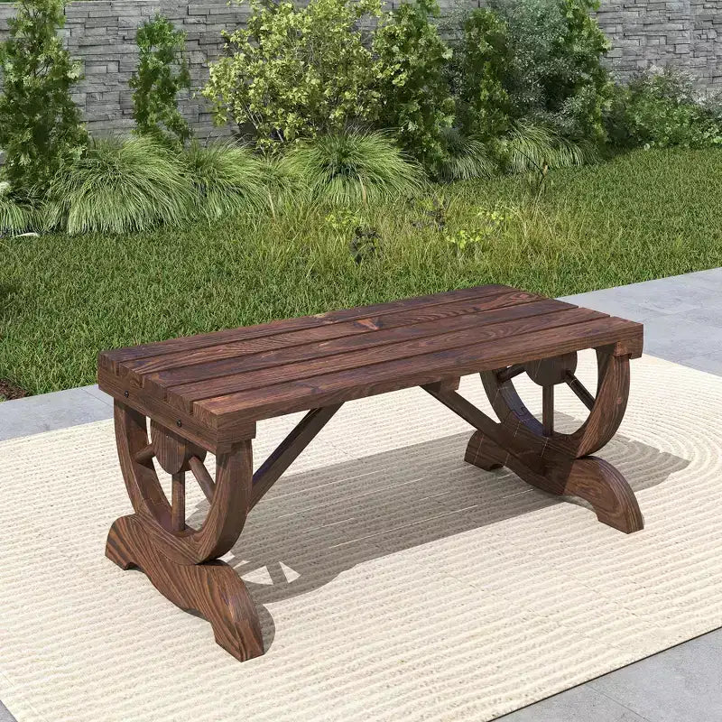 Banc de jardin extérieur rustique en bois à deux places avec roues de chariot, 250 kg, marron