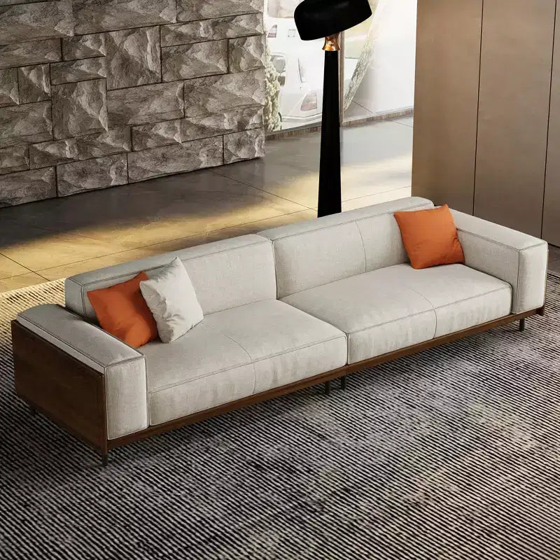 Canapé en tissu de style moderne du milieu du siècle avec structure en bois massif, revêtement respirant en coton-lin, coussins en mousse haute densité, pieds en métal