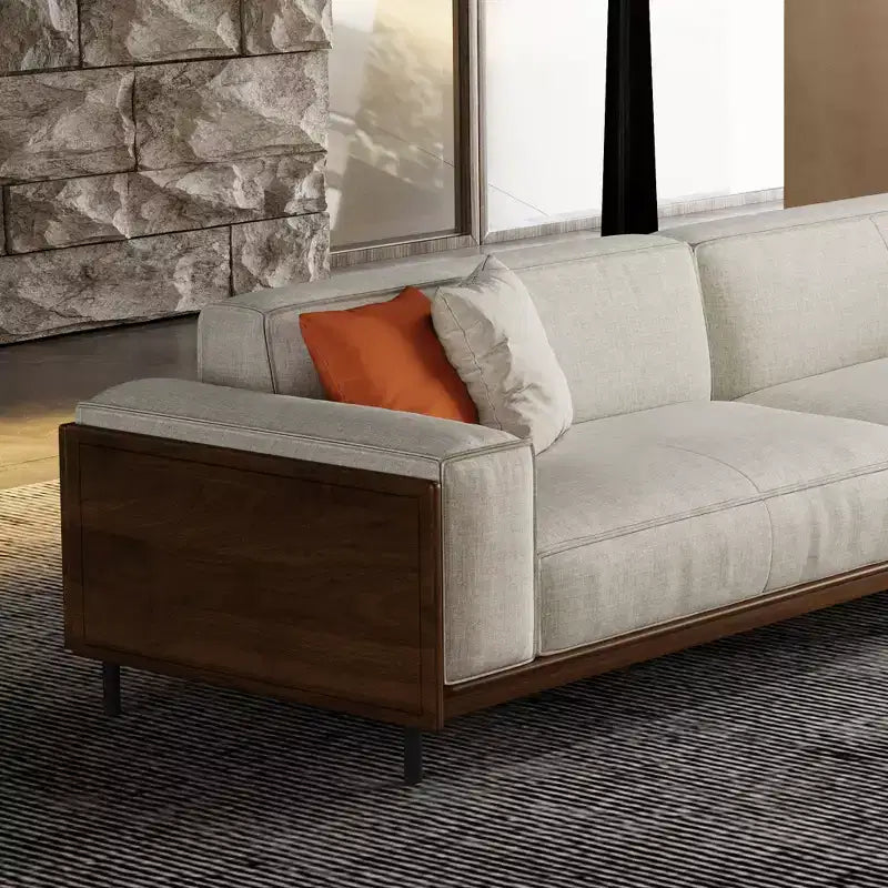 Canapé en tissu de style moderne du milieu du siècle avec structure en bois massif, revêtement respirant en coton-lin, coussins en mousse haute densité, pieds en métal