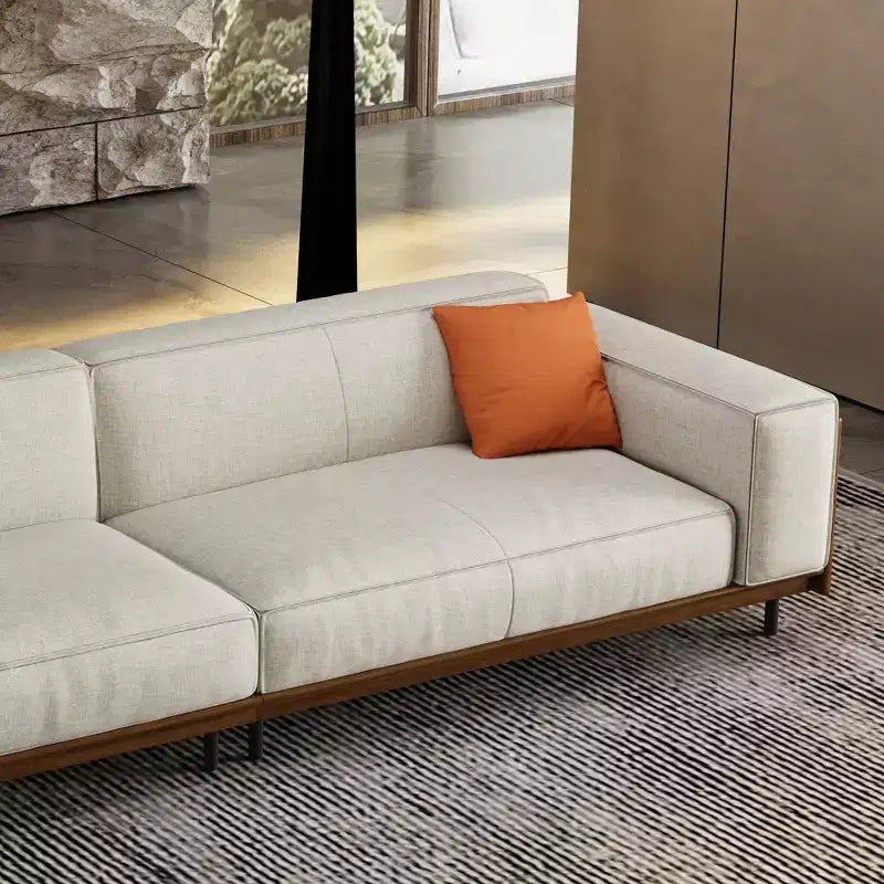 Canapé en tissu de style moderne du milieu du siècle avec structure en bois massif, revêtement respirant en coton-lin, coussins en mousse haute densité, pieds en métal