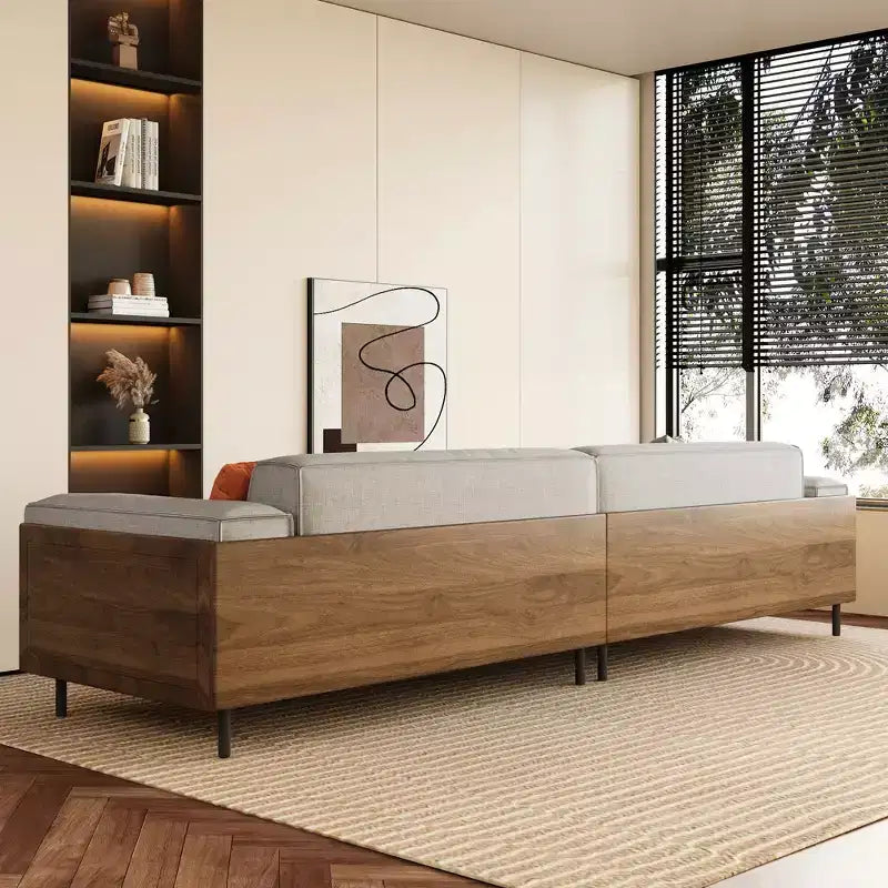 Canapé en tissu de style moderne du milieu du siècle avec structure en bois massif, revêtement respirant en coton-lin, coussins en mousse haute densité, pieds en métal