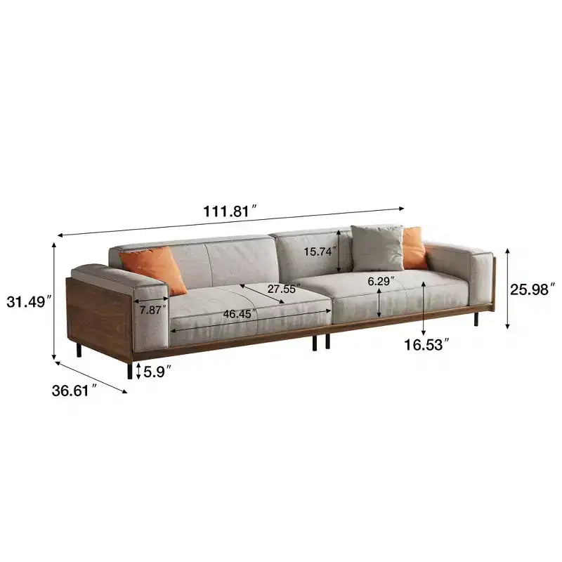 Canapé en tissu de style moderne du milieu du siècle avec structure en bois massif, revêtement respirant en coton-lin, coussins en mousse haute densité, pieds en métal