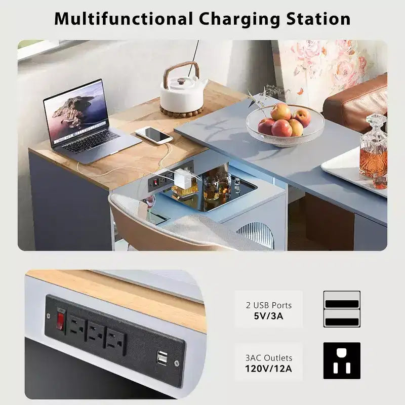 Dessertes de cuisine roulantes avec roues, prise de courant, lumière LED, porte-épices, porte en verre cannelé, rangement mobile style ferme pour salle à manger