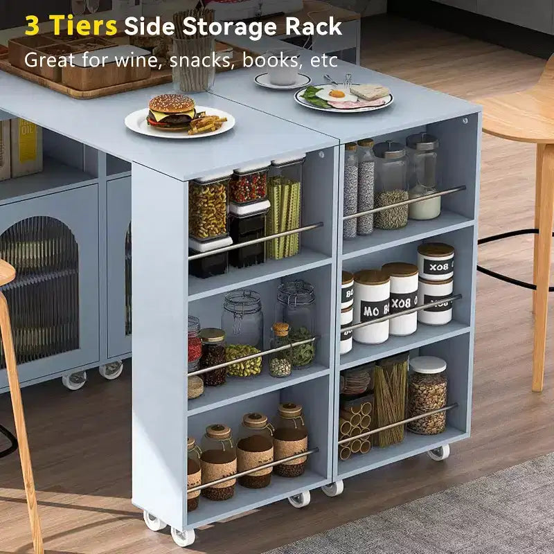 Dessertes de cuisine roulantes avec roues, prise de courant, lumière LED, porte-épices, porte en verre cannelé, rangement mobile style ferme pour salle à manger