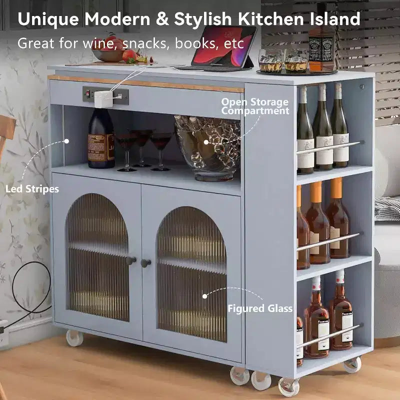 Dessertes de cuisine roulantes avec roues, prise de courant, lumière LED, porte-épices, porte en verre cannelé, rangement mobile style ferme pour salle à manger