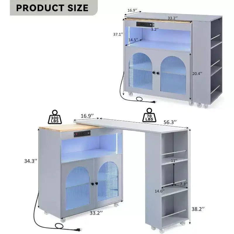 Dessertes de cuisine roulantes avec roues, prise de courant, lumière LED, porte-épices, porte en verre cannelé, rangement mobile style ferme pour salle à manger