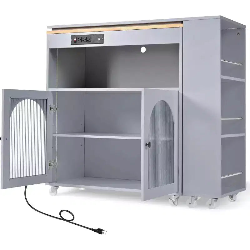 Dessertes de cuisine roulantes avec roues, prise de courant, lumière LED, porte-épices, porte en verre cannelé, rangement mobile style ferme pour salle à manger