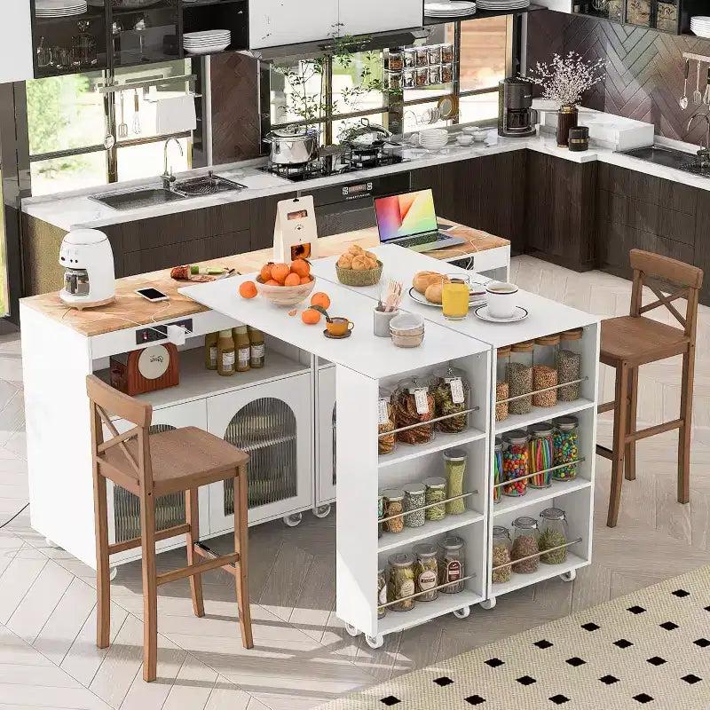 Dessertes de cuisine roulantes avec roues, prise de courant, lumière LED, porte-épices, porte en verre cannelé, rangement mobile style ferme pour salle à manger