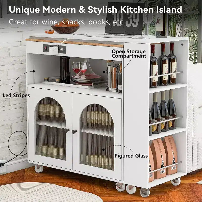 Dessertes de cuisine roulantes avec roues, prise de courant, lumière LED, porte-épices, porte en verre cannelé, rangement mobile style ferme pour salle à manger