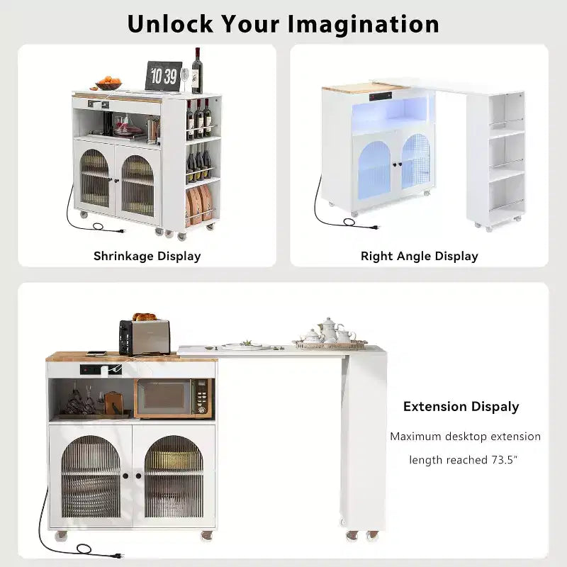 Dessertes de cuisine roulantes avec roues, prise de courant, lumière LED, porte-épices, porte en verre cannelé, rangement mobile style ferme pour salle à manger