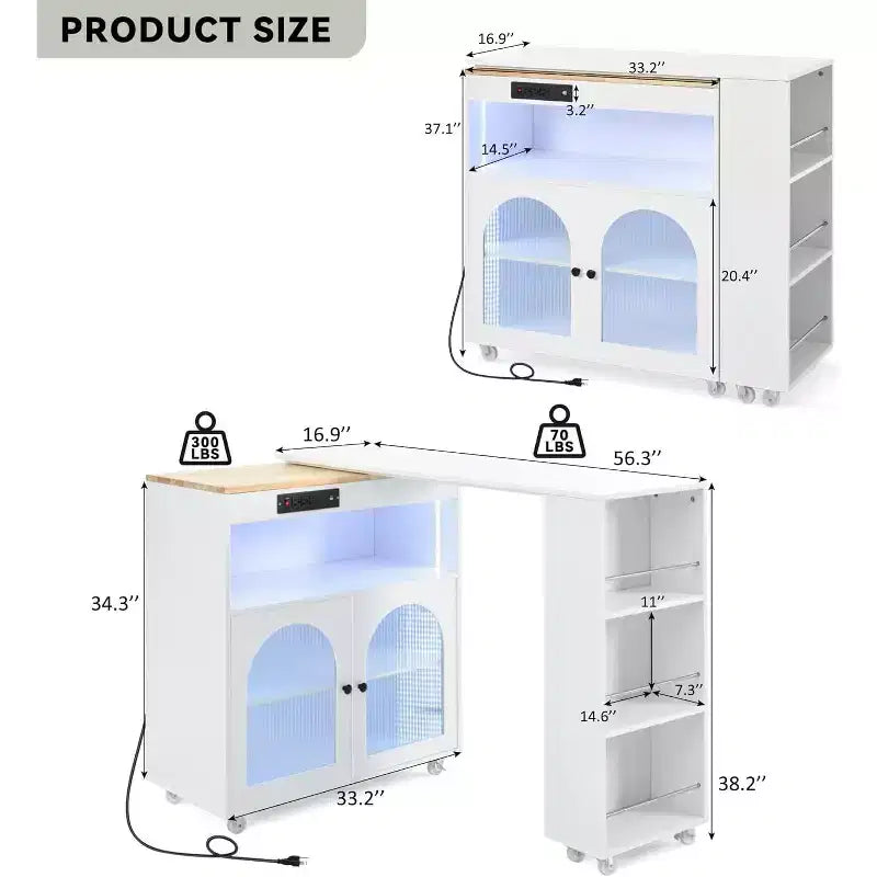 Dessertes de cuisine roulantes avec roues, prise de courant, lumière LED, porte-épices, porte en verre cannelé, rangement mobile style ferme pour salle à manger