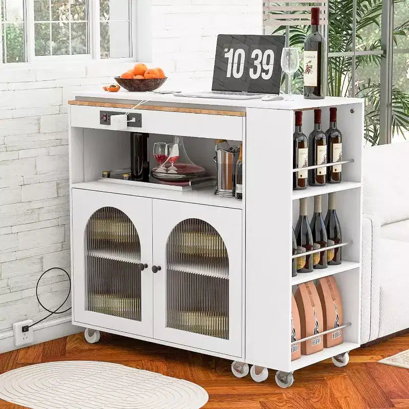 Dessertes de cuisine roulantes avec roues, prise de courant, lumière LED, porte-épices, porte en verre cannelé, rangement mobile style ferme pour salle à manger