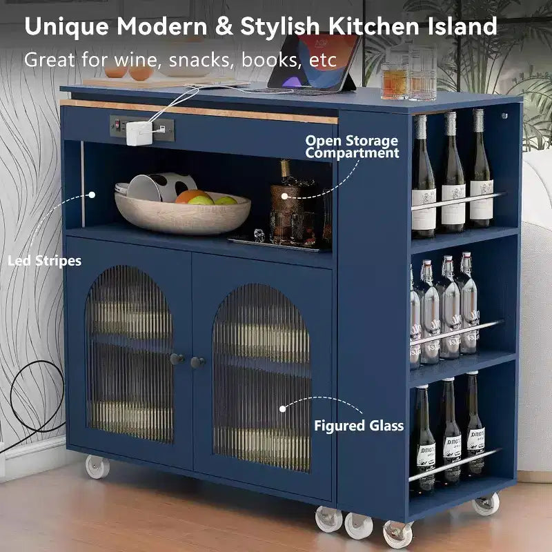 Dessertes de cuisine roulantes avec roues, prise de courant, lumière LED, porte-épices, porte en verre cannelé, rangement mobile style ferme pour salle à manger