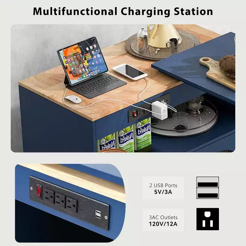Dessertes de cuisine roulantes avec roues, prise de courant, lumière LED, porte-épices, porte en verre cannelé, rangement mobile style ferme pour salle à manger