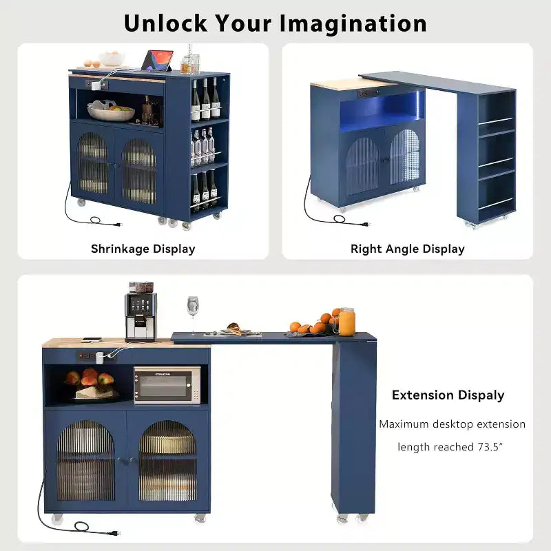 Dessertes de cuisine roulantes avec roues, prise de courant, lumière LED, porte-épices, porte en verre cannelé, rangement mobile style ferme pour salle à manger