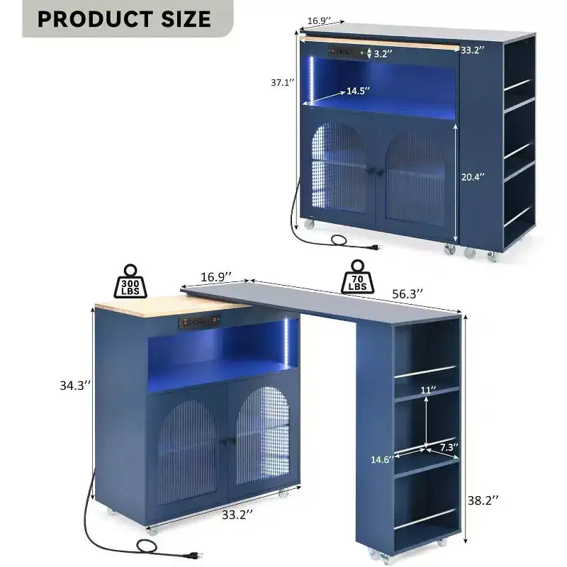 Dessertes de cuisine roulantes avec roues, prise de courant, lumière LED, porte-épices, porte en verre cannelé, rangement mobile style ferme pour salle à manger