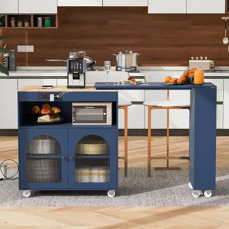Dessertes de cuisine roulantes avec roues, prise de courant, lumière LED, porte-épices, porte en verre cannelé, rangement mobile style ferme pour salle à manger