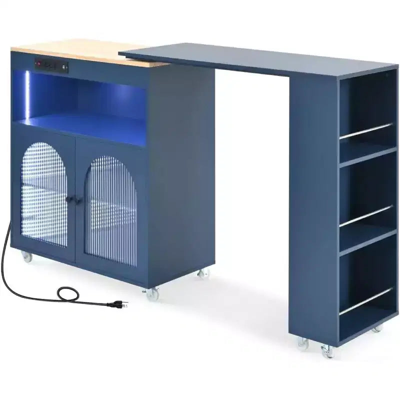 Rolling Kitchen Island Cart with Wheels, Power Outlet, LED Light, Spice Rack, Fluted Glass Door, Farmhouse Mobile Storage for Dining Room