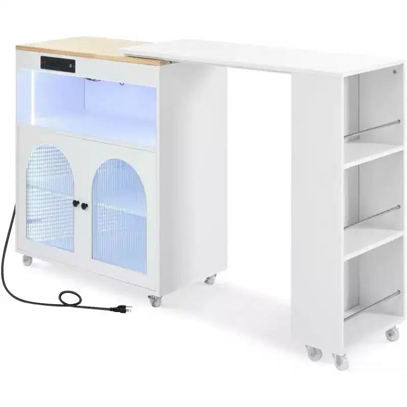 Dessertes de cuisine roulantes avec roues, prise de courant, lumière LED, porte-épices, porte en verre cannelé, rangement mobile style ferme pour salle à manger