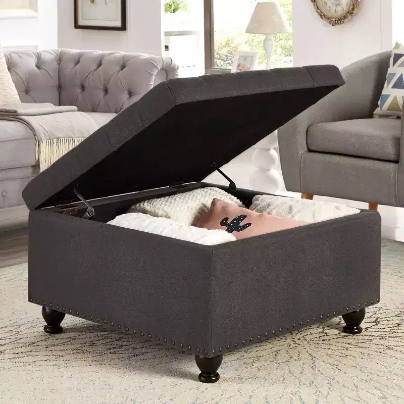 Pouffe de rangement surdimensionné de 76 cm, design capitonné, repose-pieds en lin doux pour salon, garnitures cloutées, capacité de 136 kg