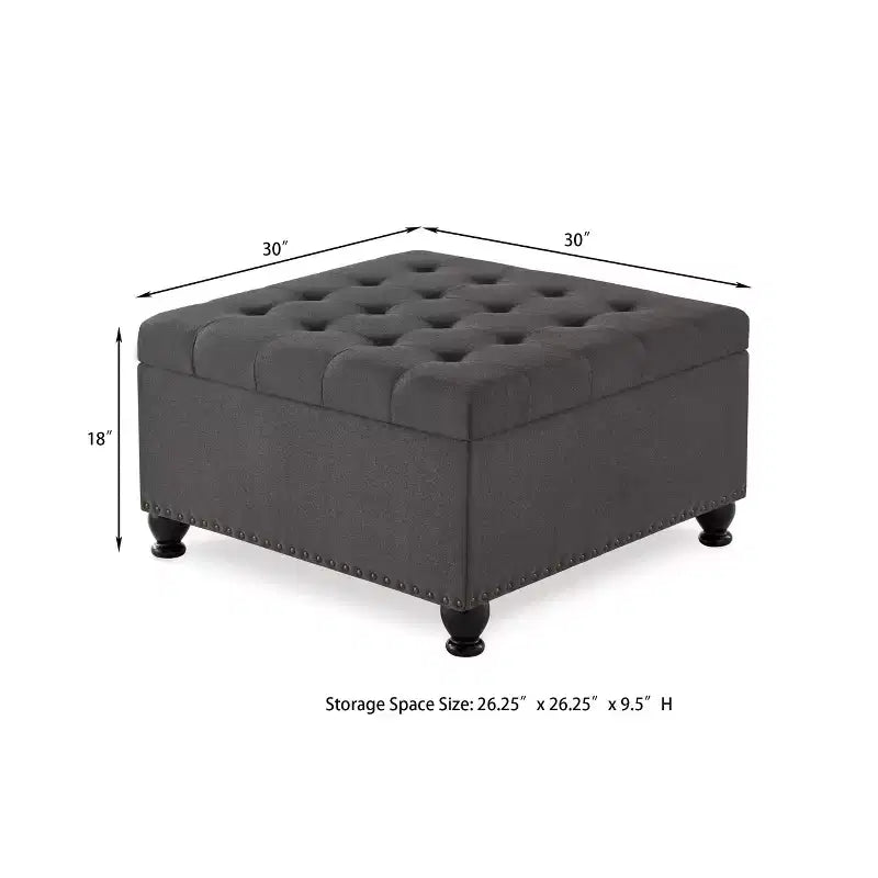 Pouffe de rangement surdimensionné de 76 cm, design capitonné, repose-pieds en lin doux pour salon, garnitures cloutées, capacité de 136 kg