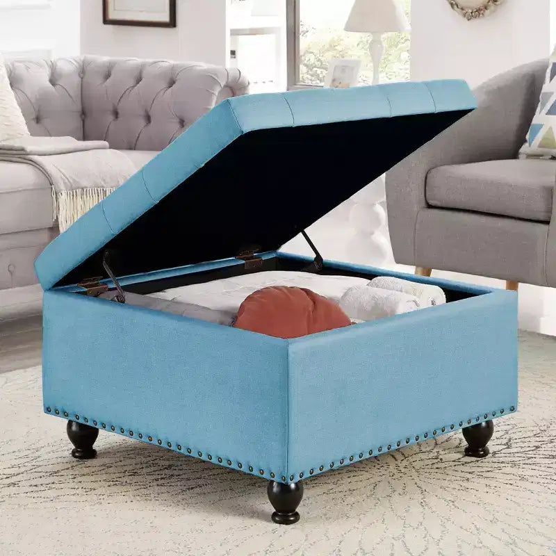 Pouffe de rangement surdimensionné de 76 cm, design capitonné, repose-pieds en lin doux pour salon, garnitures cloutées, capacité de 136 kg