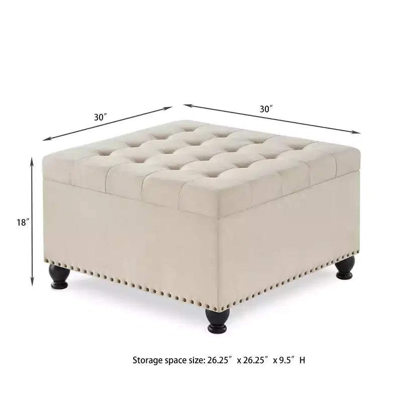 Pouffe de rangement surdimensionné de 76 cm, design capitonné, repose-pieds en lin doux pour salon, garnitures cloutées, capacité de 136 kg