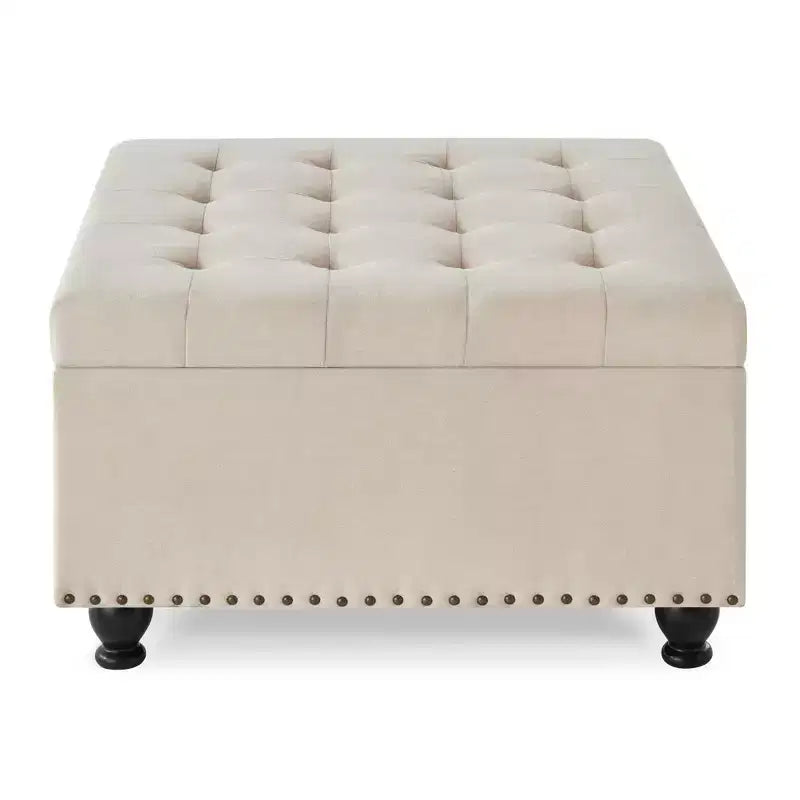 Pouffe de rangement surdimensionné de 76 cm, design capitonné, repose-pieds en lin doux pour salon, garnitures cloutées, capacité de 136 kg