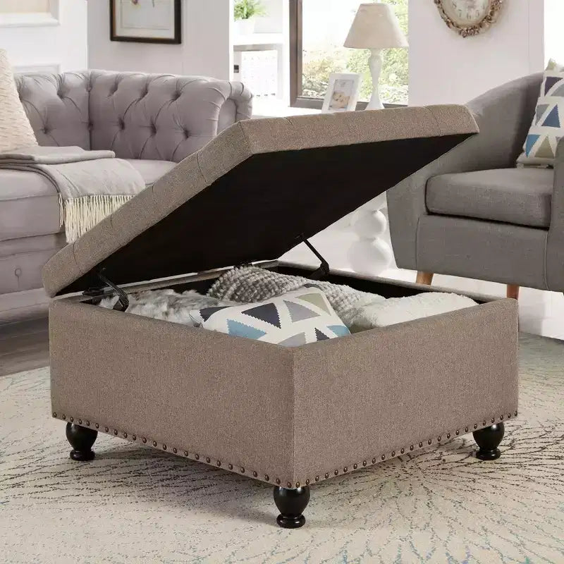 Pouffe de rangement surdimensionné de 76 cm, design capitonné, repose-pieds en lin doux pour salon, garnitures cloutées, capacité de 136 kg