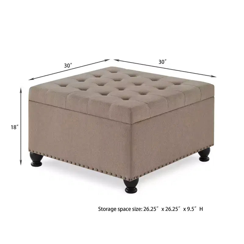 Pouffe de rangement surdimensionné de 76 cm, design capitonné, repose-pieds en lin doux pour salon, garnitures cloutées, capacité de 136 kg
