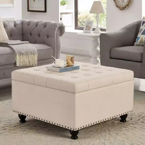 TUYOHW 30 Oversized Storage Ottoman Tufted Design,Soft Linen Footrest Ottoman for Living Room,Nailhead Trims,300lbs Capacity