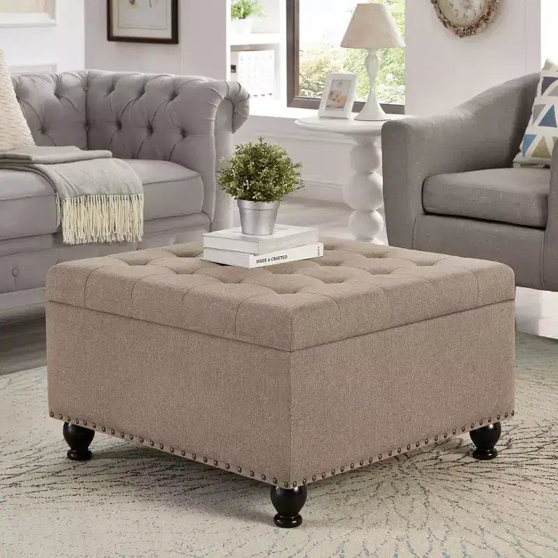 Pouffe de rangement surdimensionné de 76 cm, design capitonné, repose-pieds en lin doux pour salon, garnitures cloutées, capacité de 136 kg