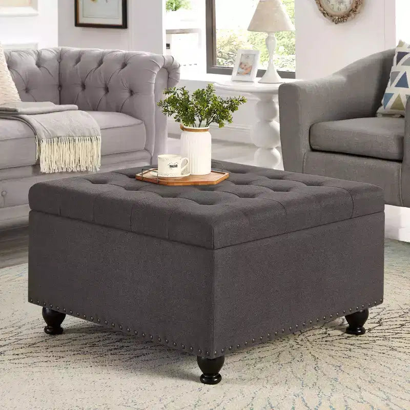 Pouffe de rangement surdimensionné de 76 cm, design capitonné, repose-pieds en lin doux pour salon, garnitures cloutées, capacité de 136 kg