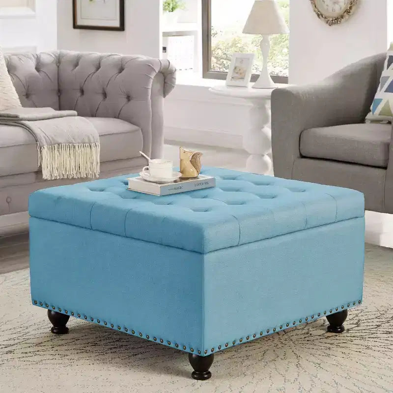 Pouffe de rangement surdimensionné de 76 cm, design capitonné, repose-pieds en lin doux pour salon, garnitures cloutées, capacité de 136 kg