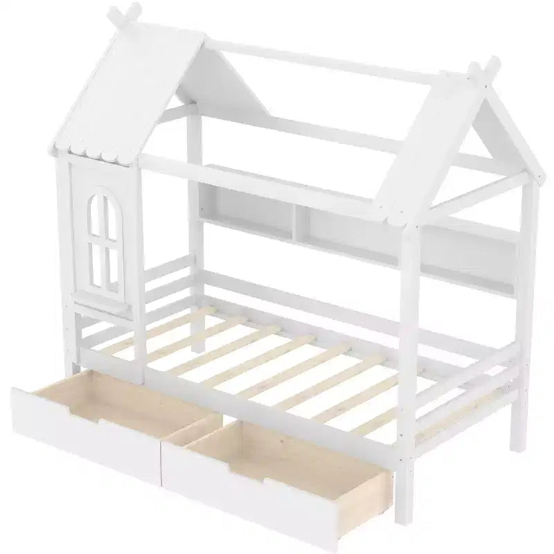 Lit cabane avec tiroirs de rangement et fenêtre, cadre en bois massif avec étagères, design amusant et enfantin, blanc clair