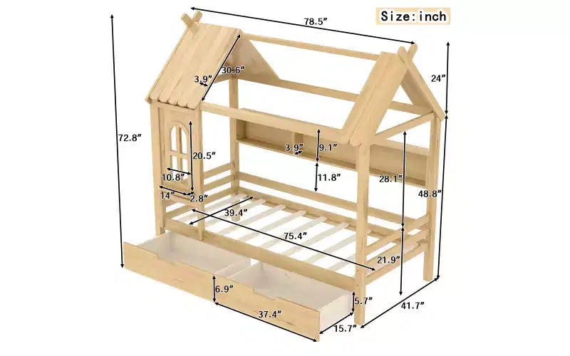 Lit cabane avec tiroirs de rangement et fenêtre, cadre en bois massif avec étagères, design amusant et enfantin, blanc clair