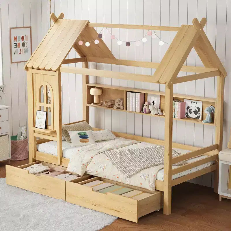 Lit cabane avec tiroirs de rangement et fenêtre, cadre en bois massif avec étagères, design amusant et enfantin, blanc clair
