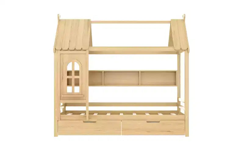 Lit cabane avec tiroirs de rangement et fenêtre, cadre en bois massif avec étagères, design amusant et enfantin, blanc clair