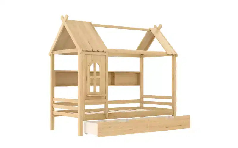 Lit cabane avec tiroirs de rangement et fenêtre, cadre en bois massif avec étagères, design amusant et enfantin, blanc clair