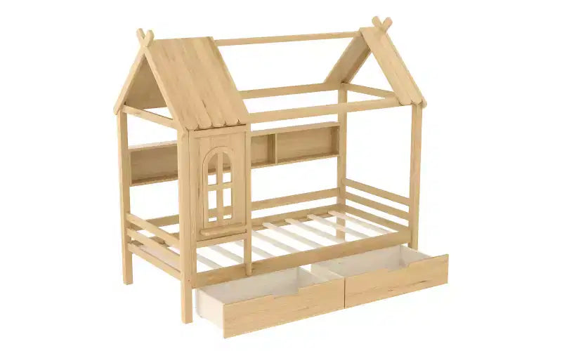 Lit cabane avec tiroirs de rangement et fenêtre, cadre en bois massif avec étagères, design amusant et enfantin, blanc clair