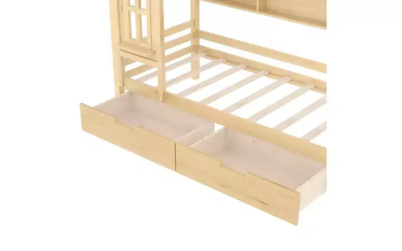 Lit cabane avec tiroirs de rangement et fenêtre, cadre en bois massif avec étagères, design amusant et enfantin, blanc clair