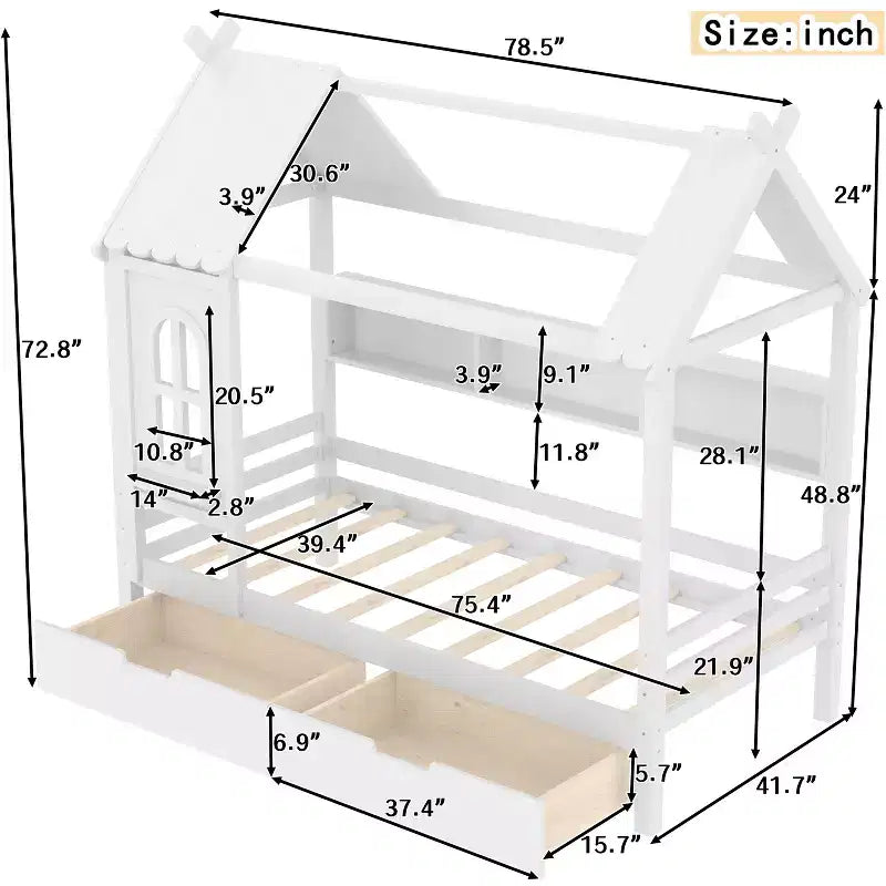 Lit cabane avec tiroirs de rangement et fenêtre, cadre en bois massif avec étagères, design amusant et enfantin, blanc clair