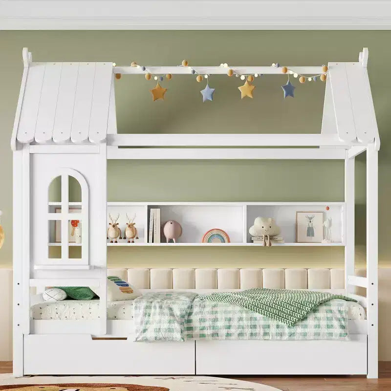 Lit cabane avec tiroirs de rangement et fenêtre, cadre en bois massif avec étagères, design amusant et enfantin, blanc clair