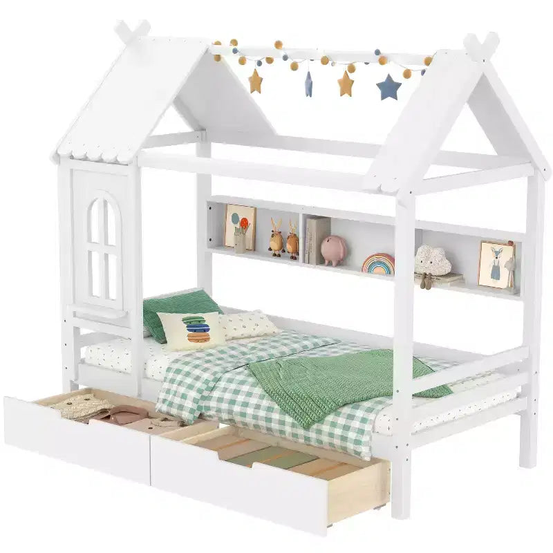 Lit cabane avec tiroirs de rangement et fenêtre, cadre en bois massif avec étagères, design amusant et enfantin, blanc clair