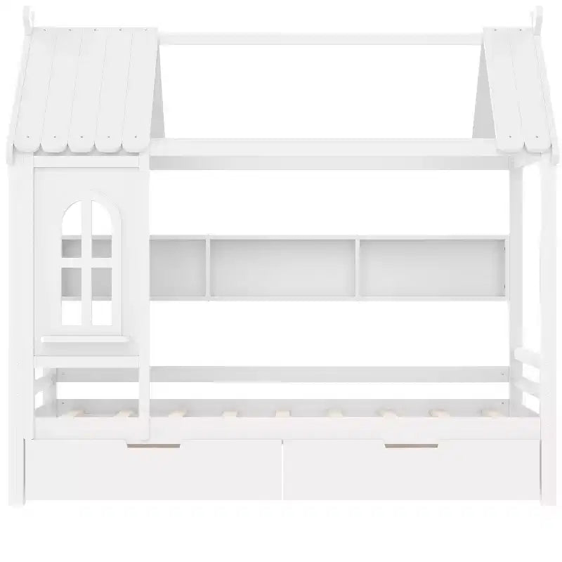 Lit cabane avec tiroirs de rangement et fenêtre, cadre en bois massif avec étagères, design amusant et enfantin, blanc clair