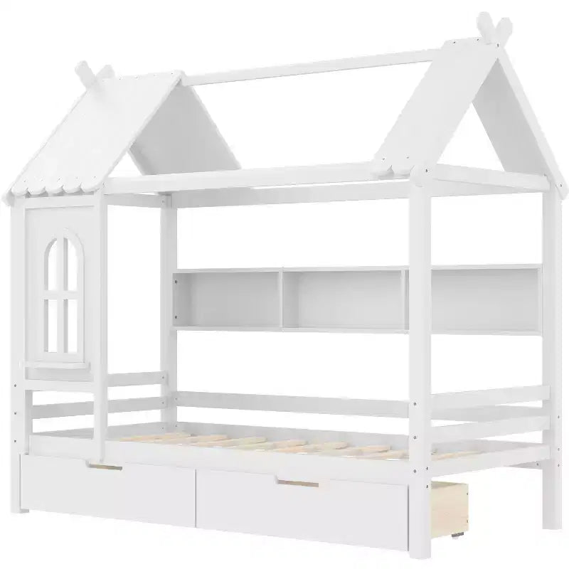 Lit cabane avec tiroirs de rangement et fenêtre, cadre en bois massif avec étagères, design amusant et enfantin, blanc clair